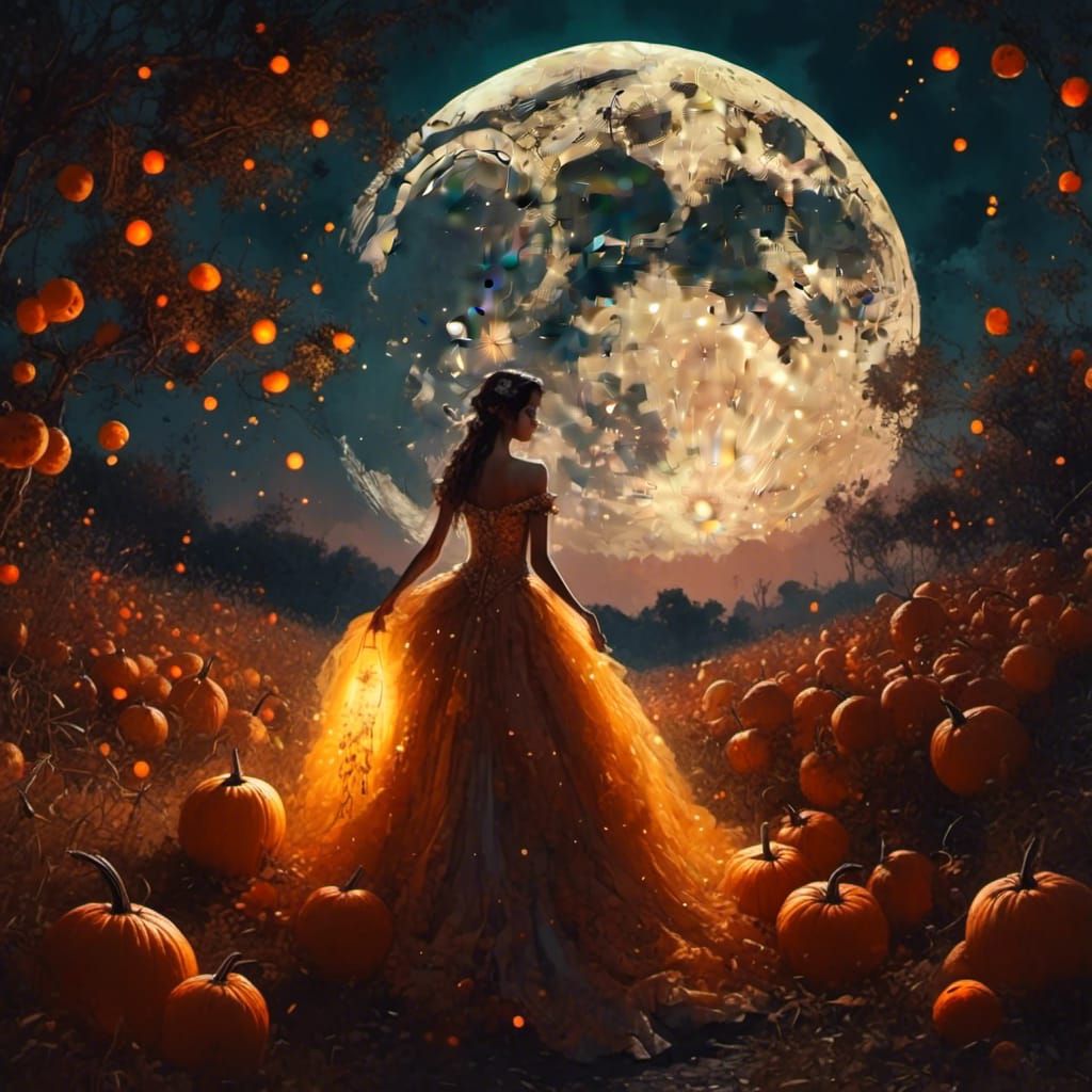 Gorgeous woman in a ballgown under a huge harvest moon <lora:MoonGlow:1.0>