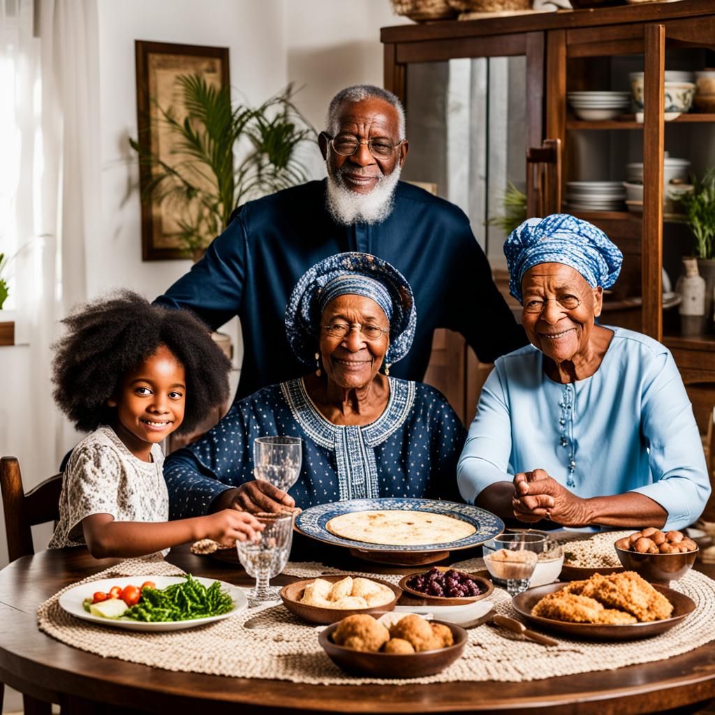 Beautiful Israelite family of 3 generations sitting around the table celebrating Passover in their home