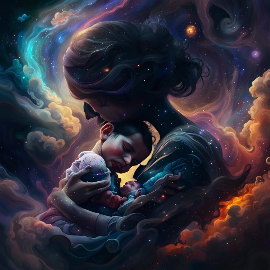 Cosmic. In the smokey swirls of the colorful gasses of a nebula, a mother is cuddling a newborn baby is forming. Magical...
