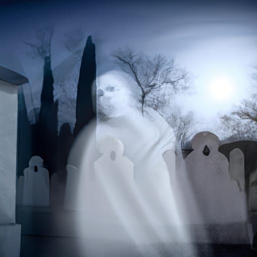 An ethereal ghost, in cemetery at night, full moon  by @Jasper