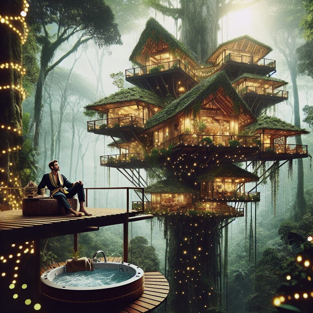 Building a giant tree house in the canopy of the Amazon forest. Background of an elaborate multi platform ...  by @SolitaryWeaver