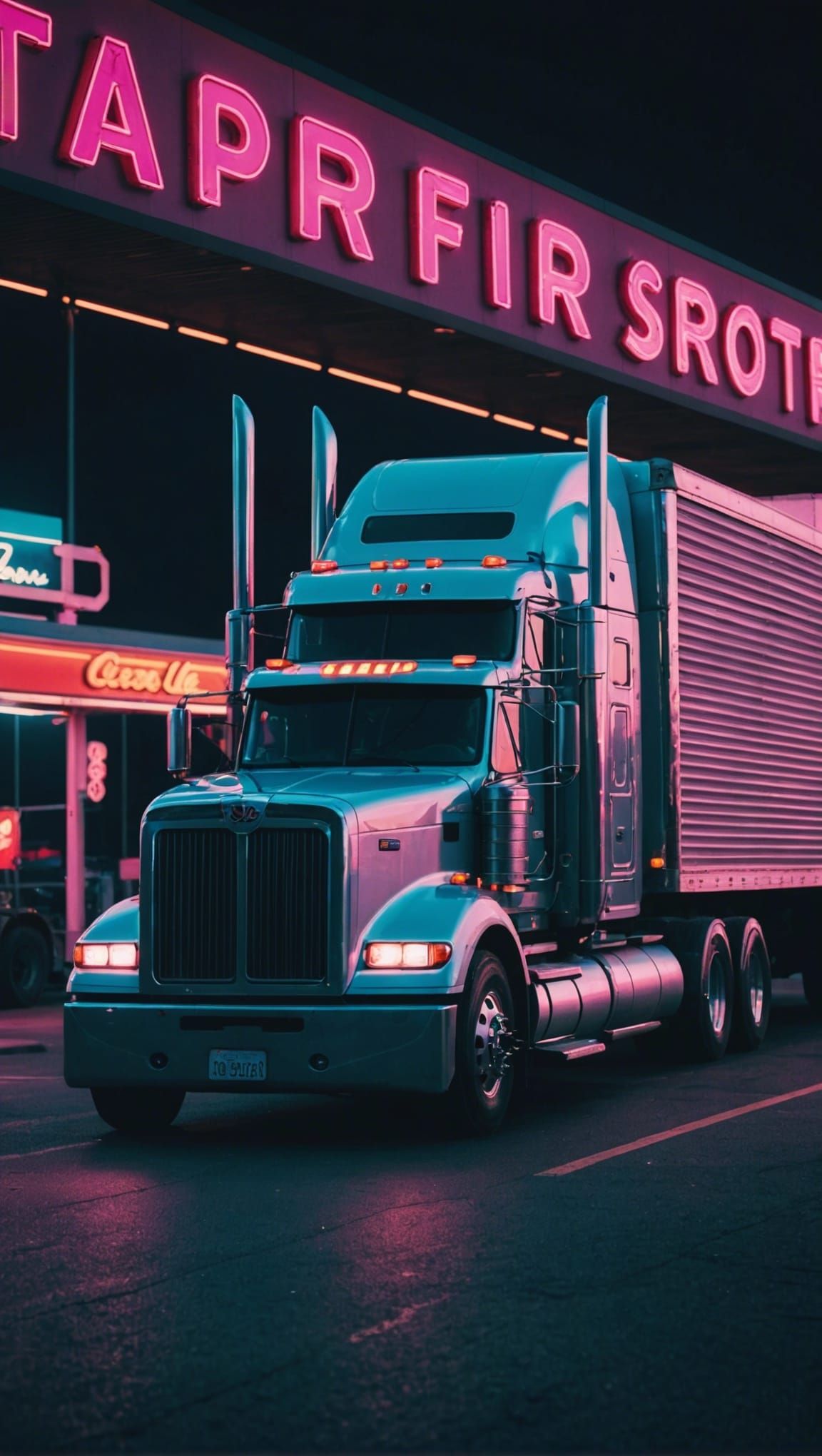 A semi truck parked at a truck stop.