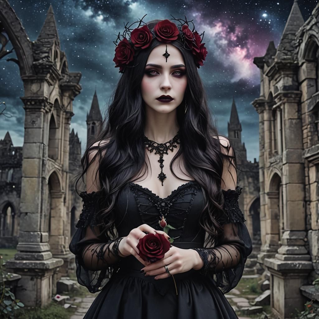 Gothic Dark Fairy with Rose in Fantasy Setting