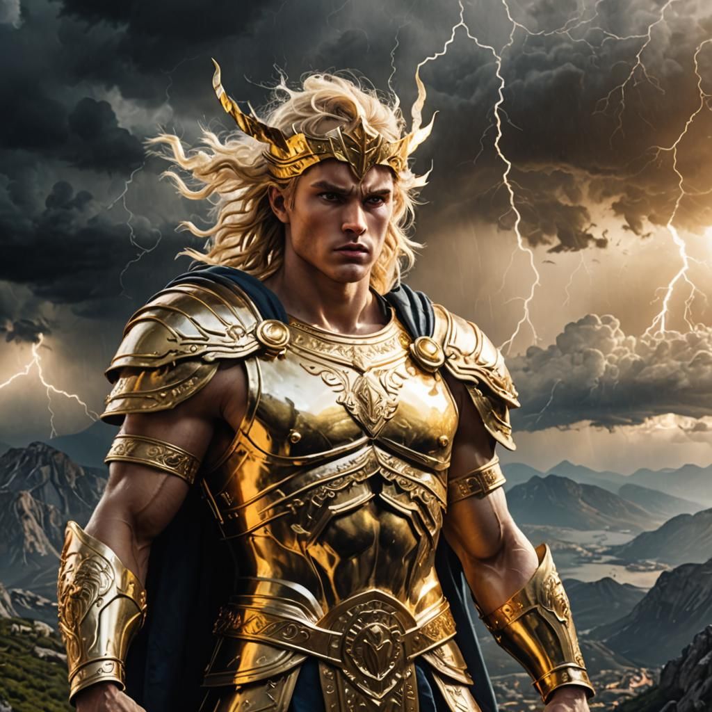 Powerful deity young boy god of storms showing power to summ...