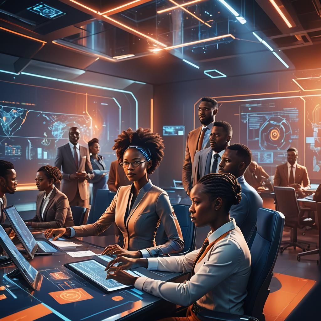 An African business team in a corporate training room, with ...