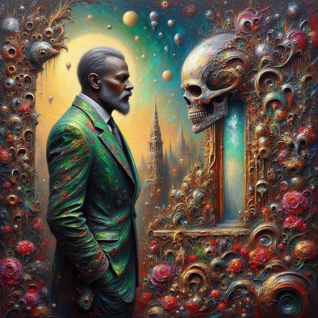 <lora:Impax v2:1.0>impasto oil painting with harsh strokes    the silhouette of a green suited man entering a mechanical human head throug a...