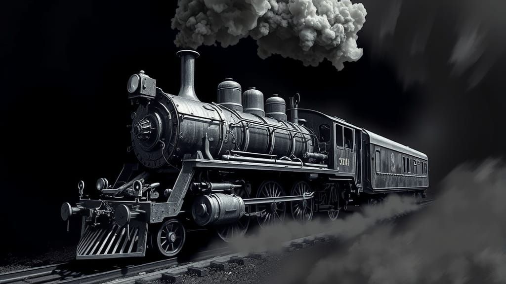 Ethereal Steam Train Emerges from Shadows in Cyberpunk Style