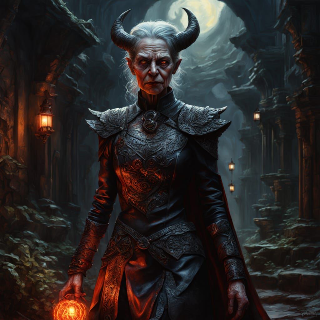 Crimson-Skinned Sorceress in Leather Dress, Oil Painting