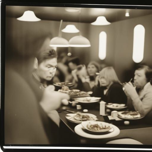 Old Poloroid Photograph of SpaceAliens Eating at a Fancy Cro...