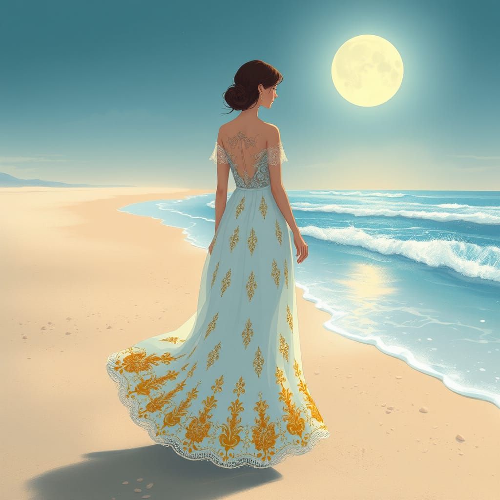 Woman on Moonlit Beach in Miyazaki Style