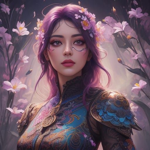 Stylized Floral Eye Character in Vibrant Oil Painting