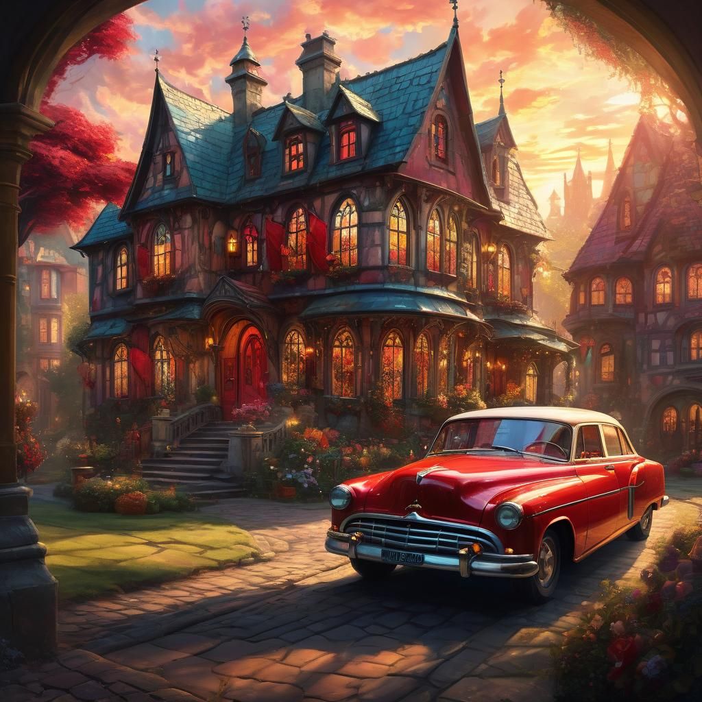 Fantasy Princess Mansion Emerges from a Red Car in a Dreamy...