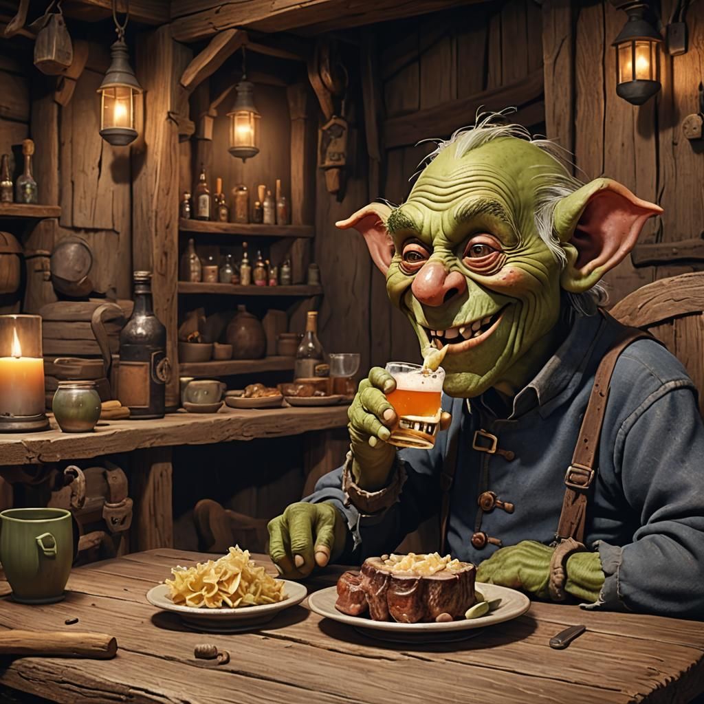 "Create an image of an elderly male goblin happily drinking ...