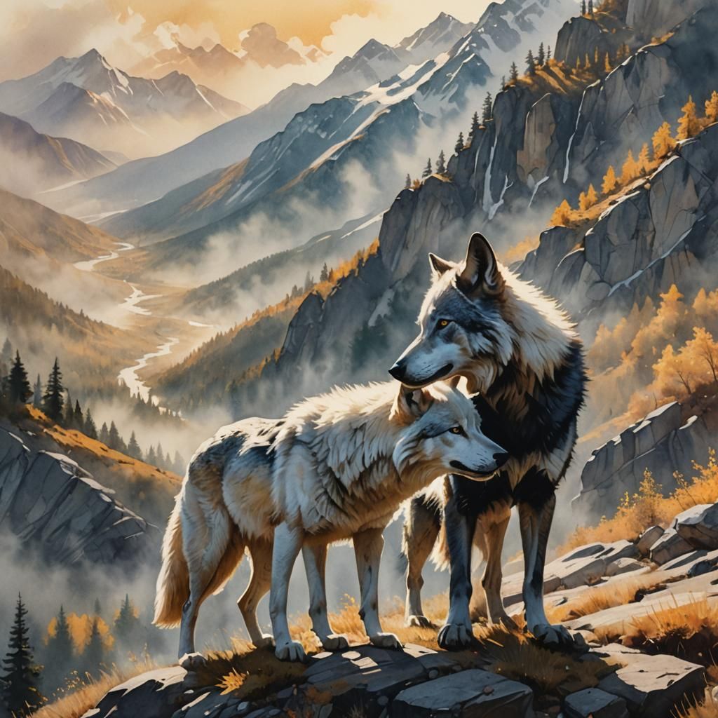Closeup of a white wolf and a black wolf facing each other. Side view profile with mountains in the background. Beautiful cinematic backligh...