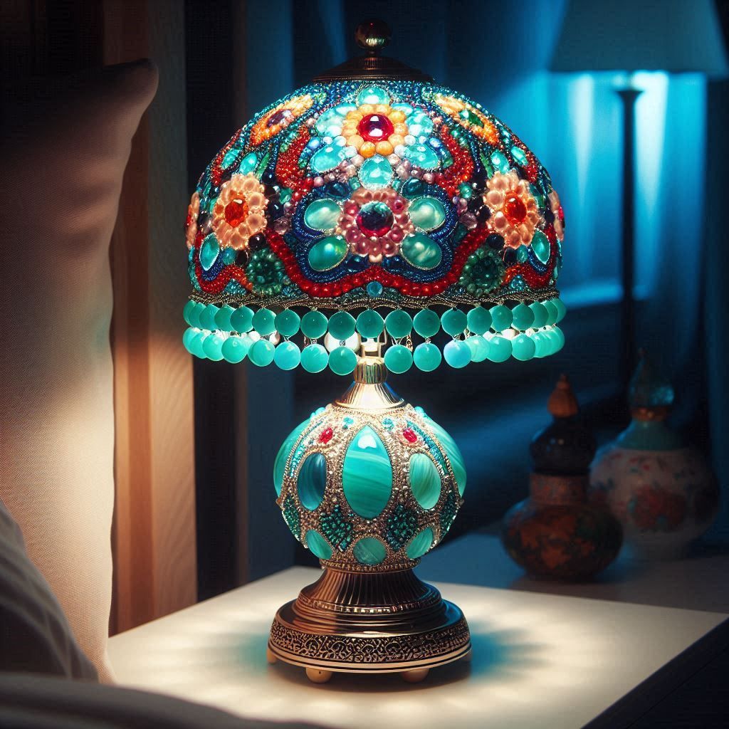 Lamp on the bedside table made of multi colored beads!