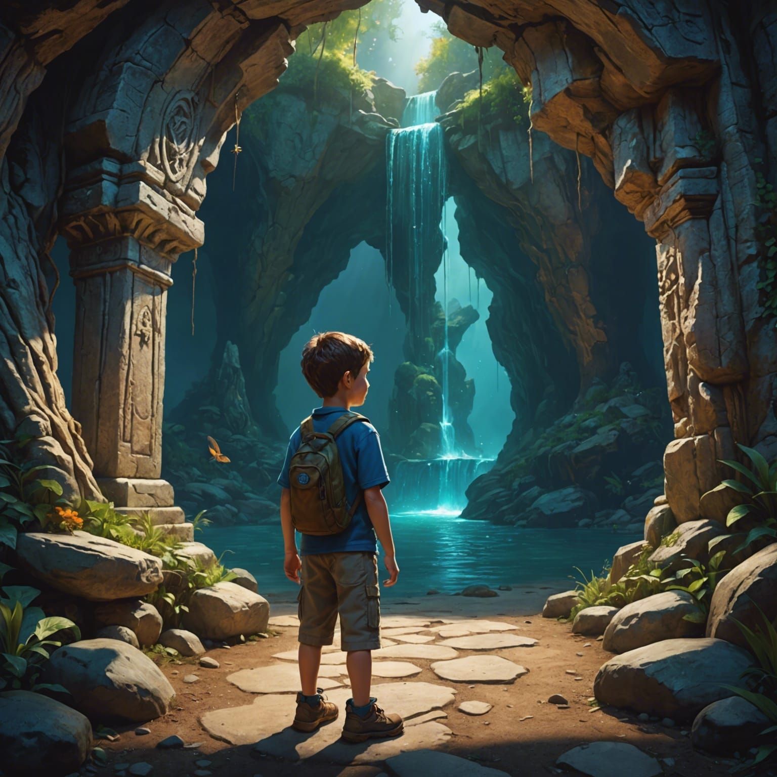 Little boy standing outside the grotto of Kyrandia. He is he...
