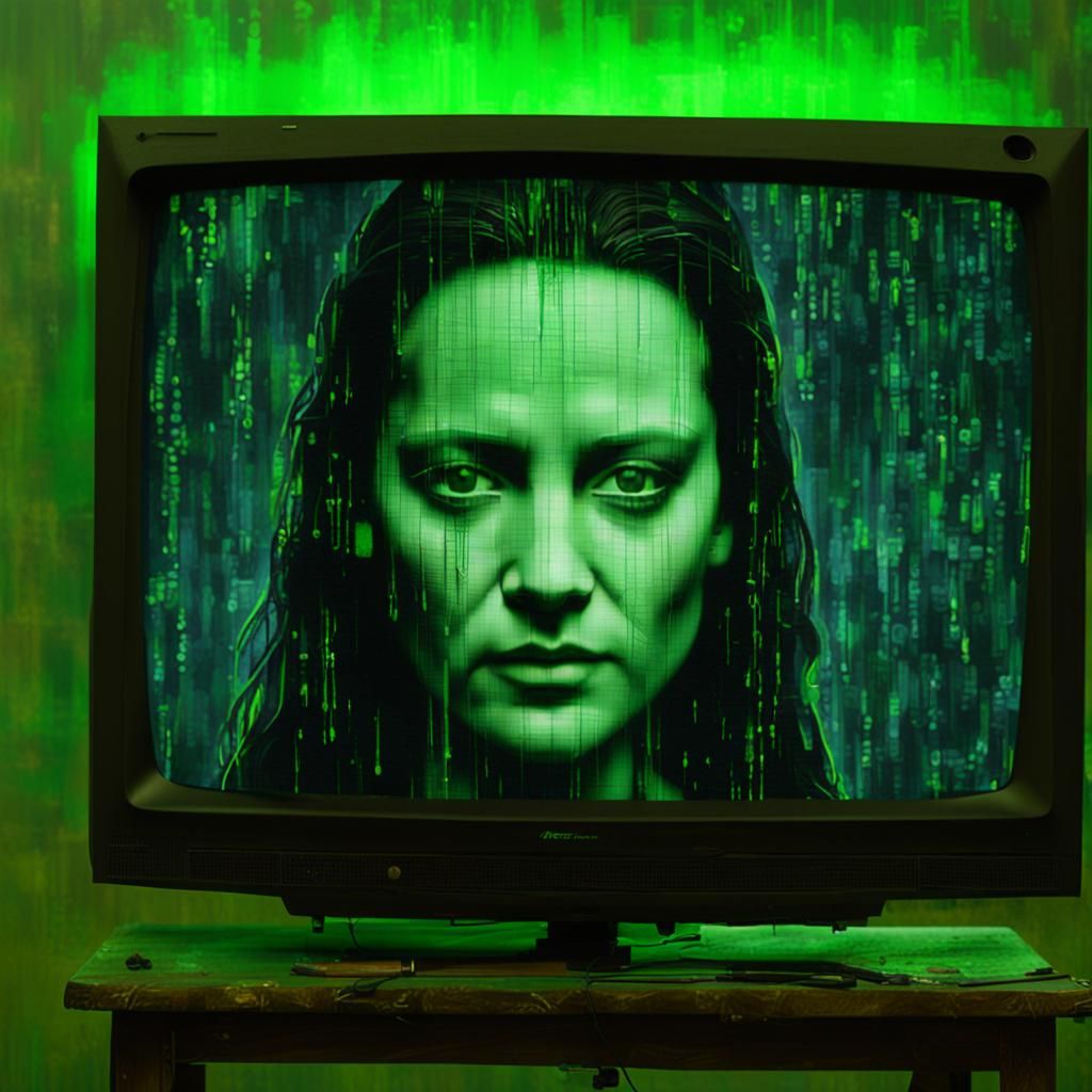 Mona Lisa Glitch Art with Matrix Neon
