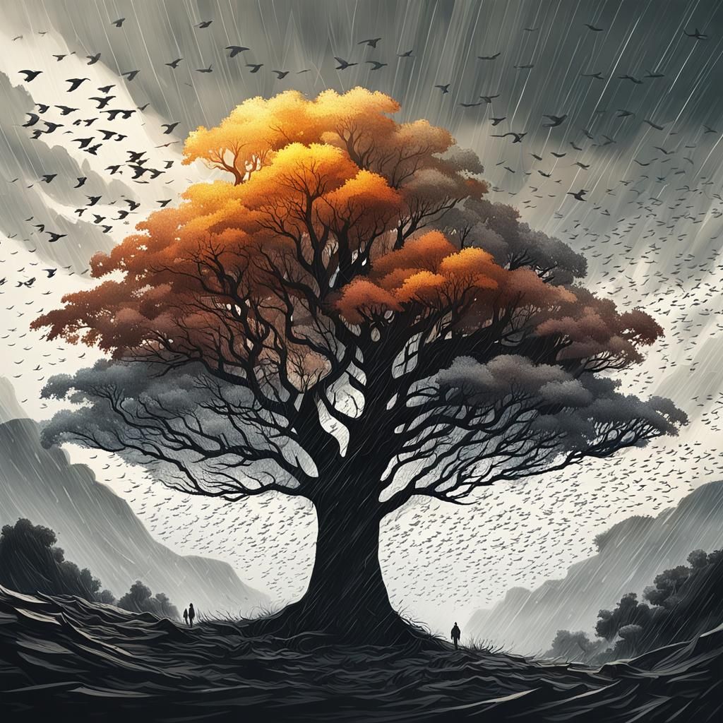 Paper Tree with Birds in Hyperrealistic Splash Art