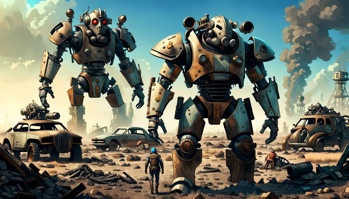 Vapor smoke fallout survivor in mechanical armor in a (waste...
