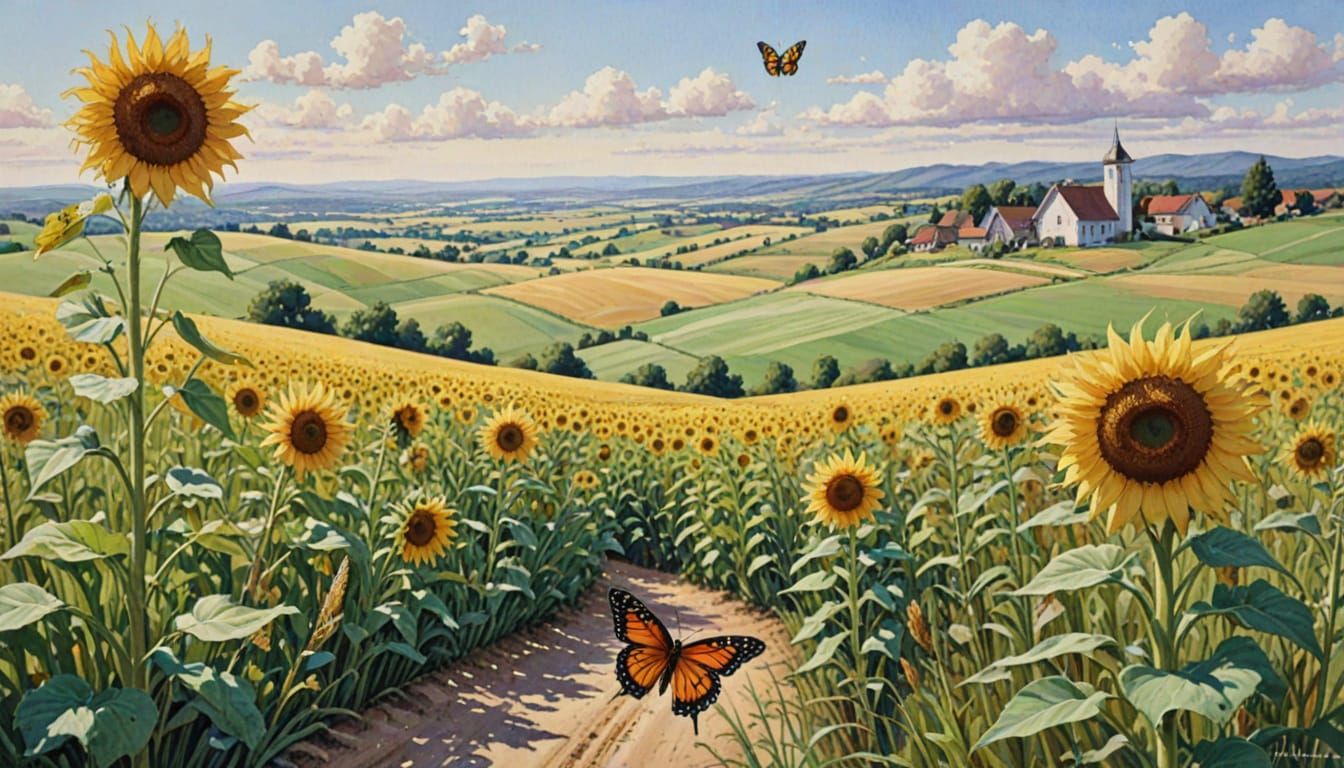 Watercolor Countryside Scene with Whimsical Creatures