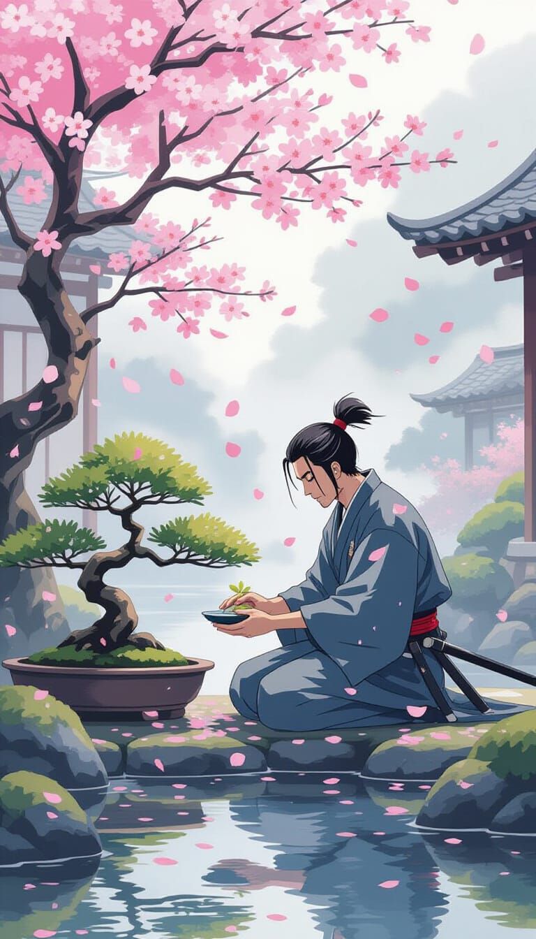 Samurai Tends Bonsai in Misty Cherry Blossom Garden