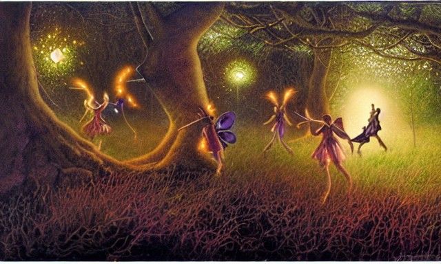 Fairies wearing boots dancing in the grass dark sun branches...