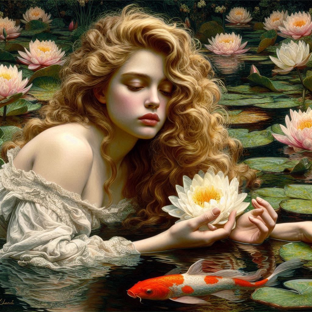 Beautiful woman, golden curls, in a pond of blooming water l...