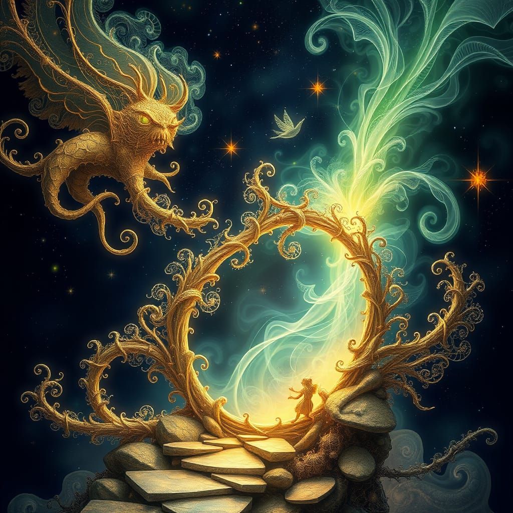 Artist Jean-Baptiste Monge style. Gold-Green-Silver Void. Filigree fragile airborne translucent fractal air-currents. 