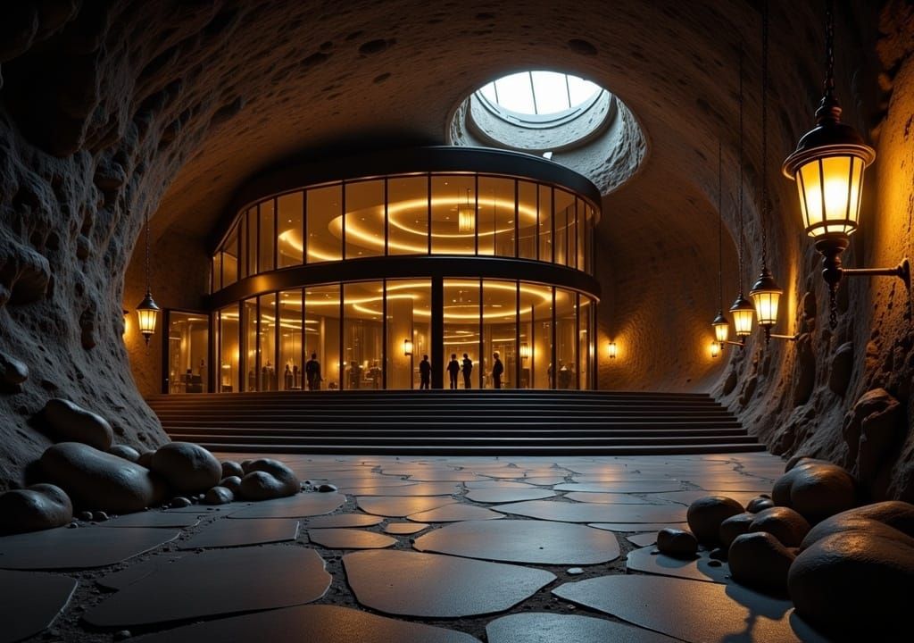 A luxury hotel hidden deep inside an old, rugged mine shaft.
The mine’s jagged rock walls, worn and damp, enclose the modern, sleek hotel wi...