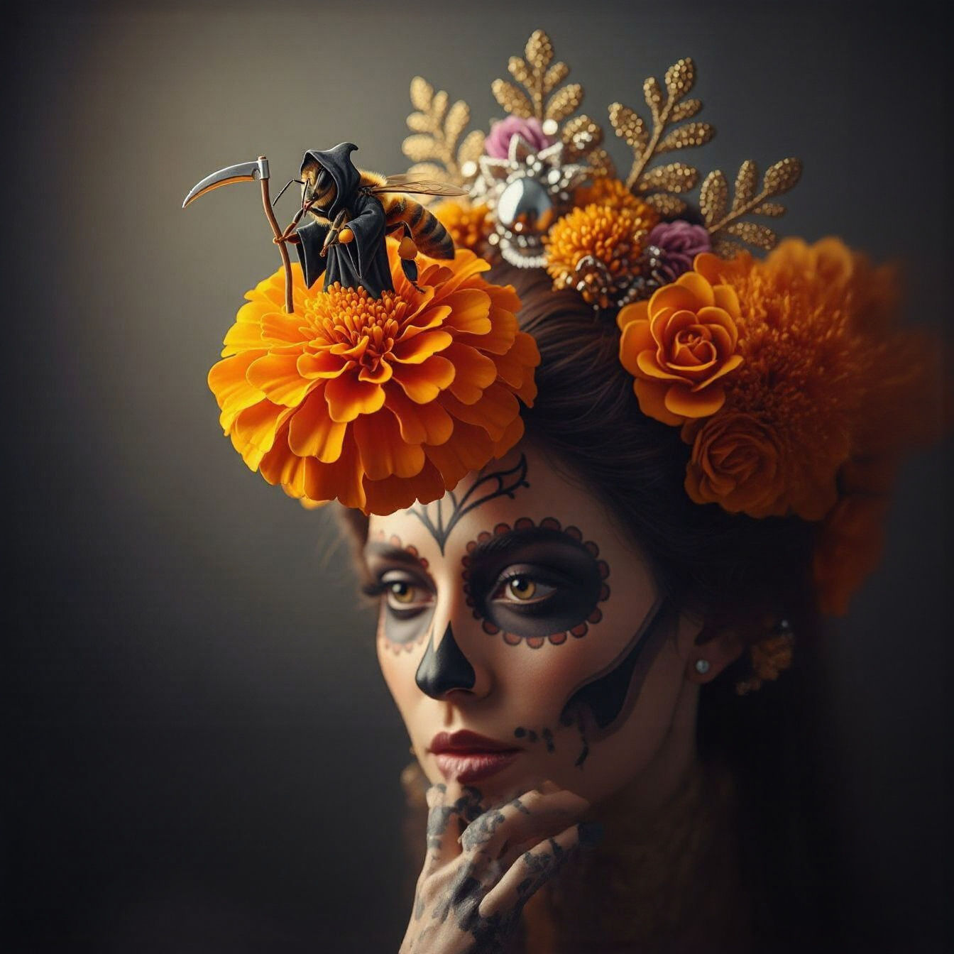 Photo Realistic A honey bee reimaged as a Grim Reaper holding a gold colored single bladed scythe standing on an orange Marigold that is pla...