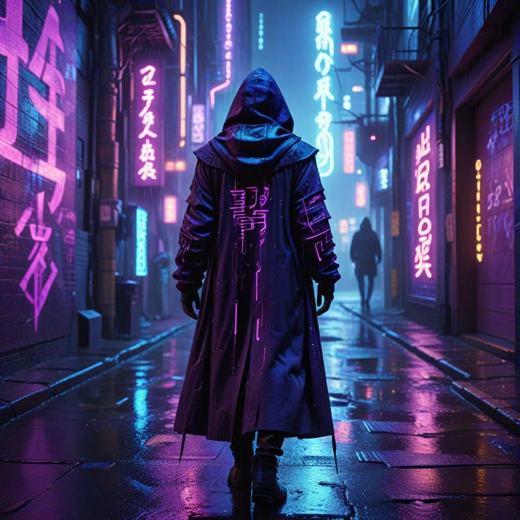 Mysterious Figure in Neon-Lit Cyberpunk City