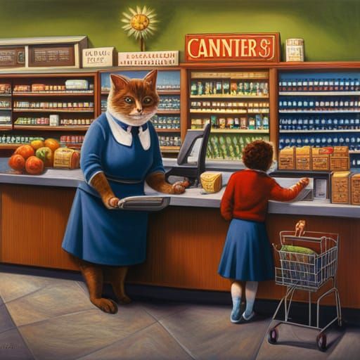 photorealistic digital painting; Anthropomorphic Cat grocery store