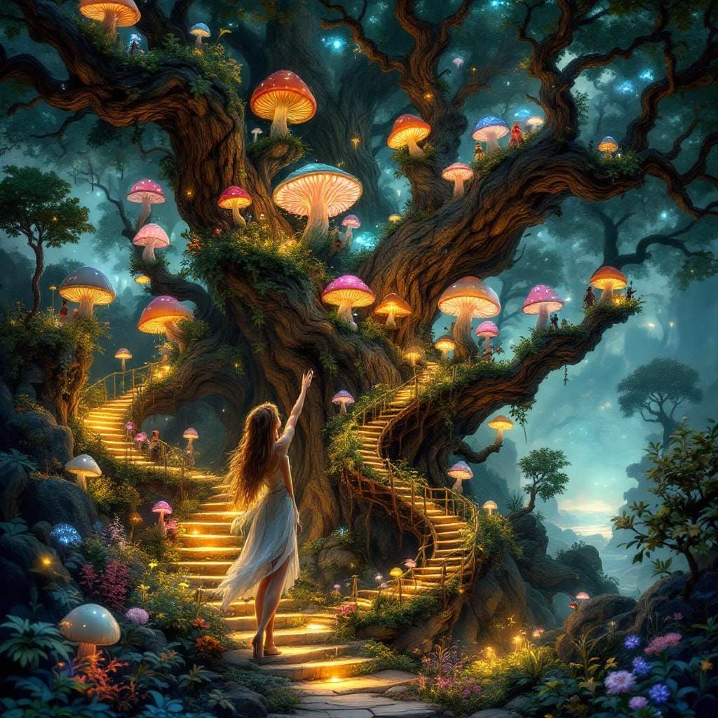 standing beside one young fey - looking at as he points up at A multicolored bioluminescent mushroom ...  by @Murray