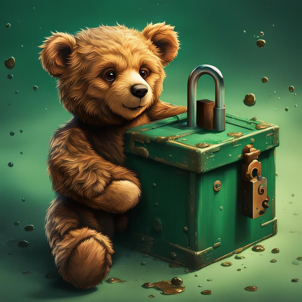 Cute brown teddy bear that has been freed from a dark green ...