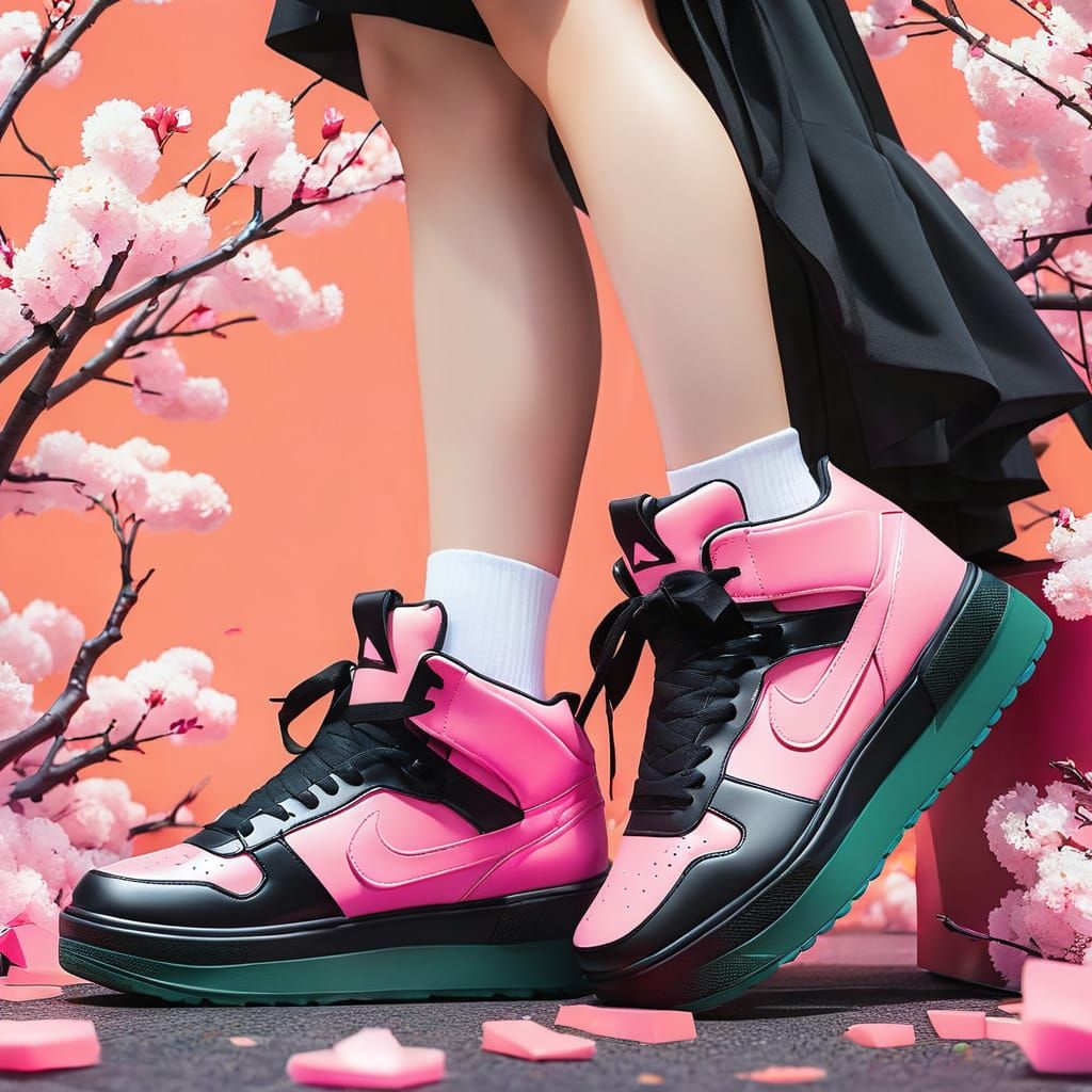 Black and Pink sneakers in the cherry trees path