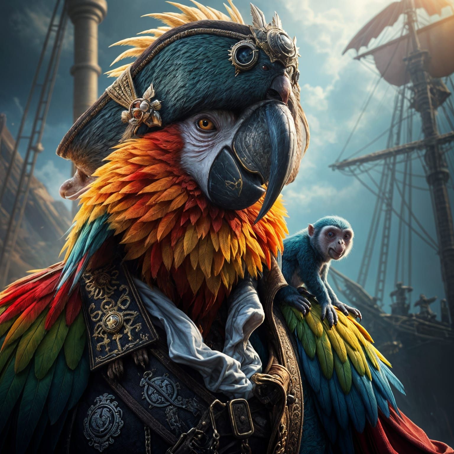 Parrot pirate with a monkey on his shoulder, head and shoulders portrait, elaborate ornate details, ...  by @Firedrake