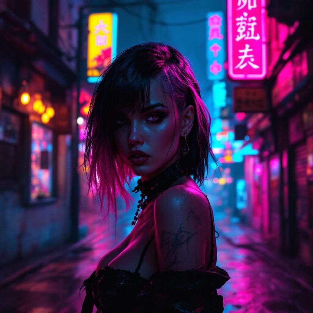 Goth Woman in Neon Cyberpunk Alleyway Digital Painting