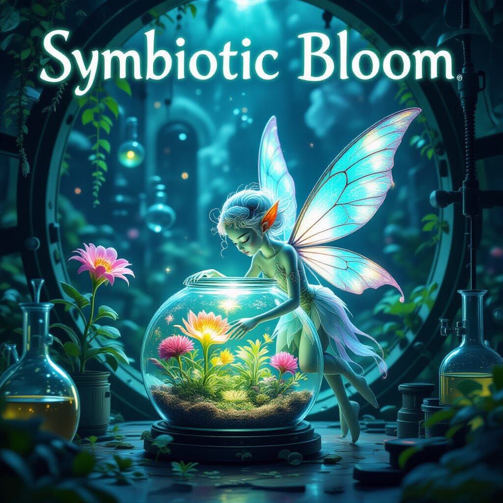 Design a video game cover for a game called "Symbiotic Bloom", featuring a bioluminescent alien fairy, ...  by @The Carlyle