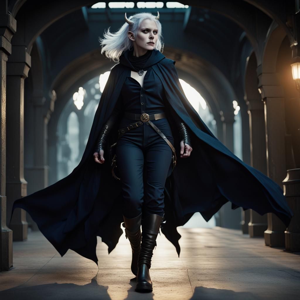 Action shot of a female Tiefling with pale skin and shoulder length white hair. She has multiple ear piercings. She is wearing a black cloak...