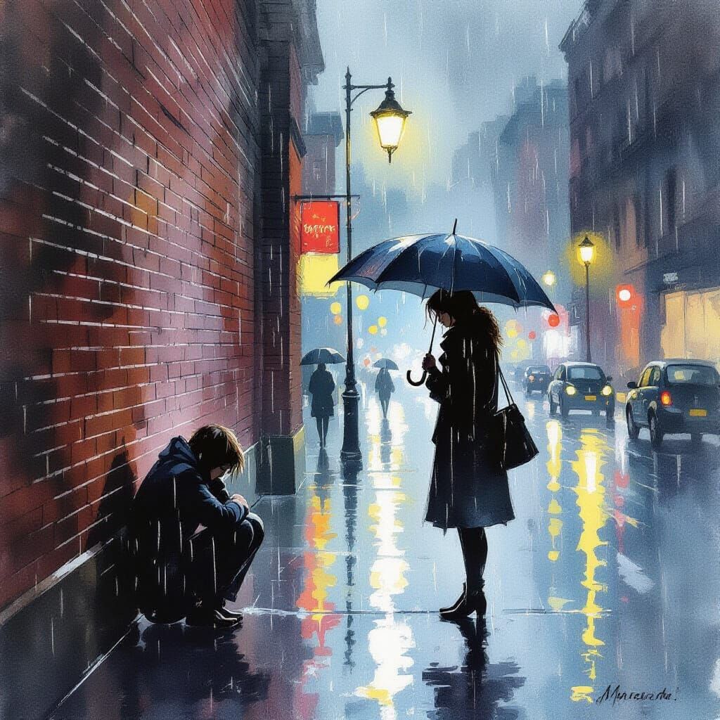 Compassionate Stranger Offers Umbrella in Rainy Cityscape