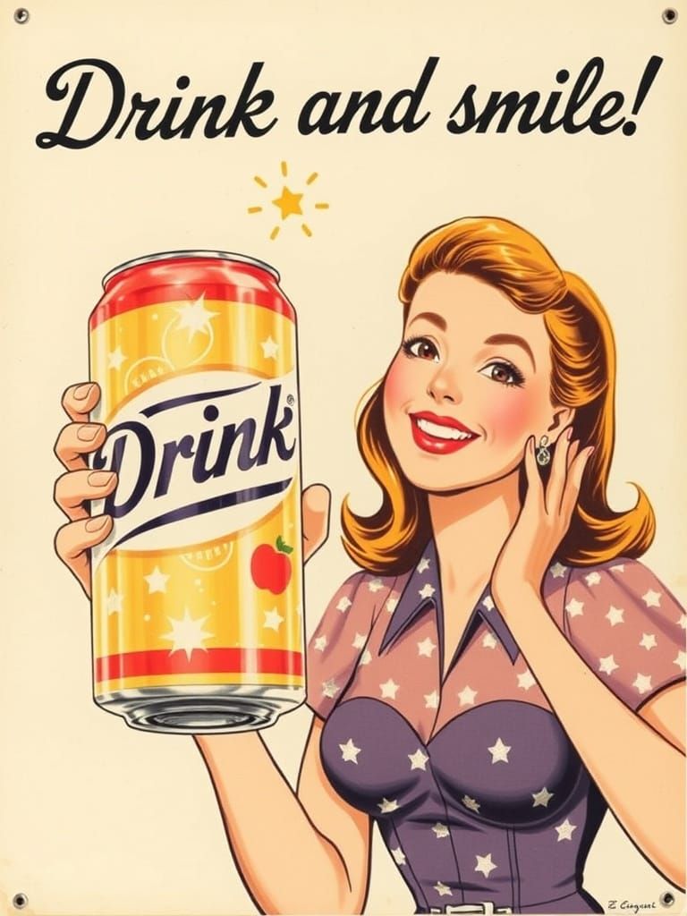 Vintage illustration, promotional poster of a drink in a can, a cute woman show the product and smiles. ...  by @LoscoFiguro