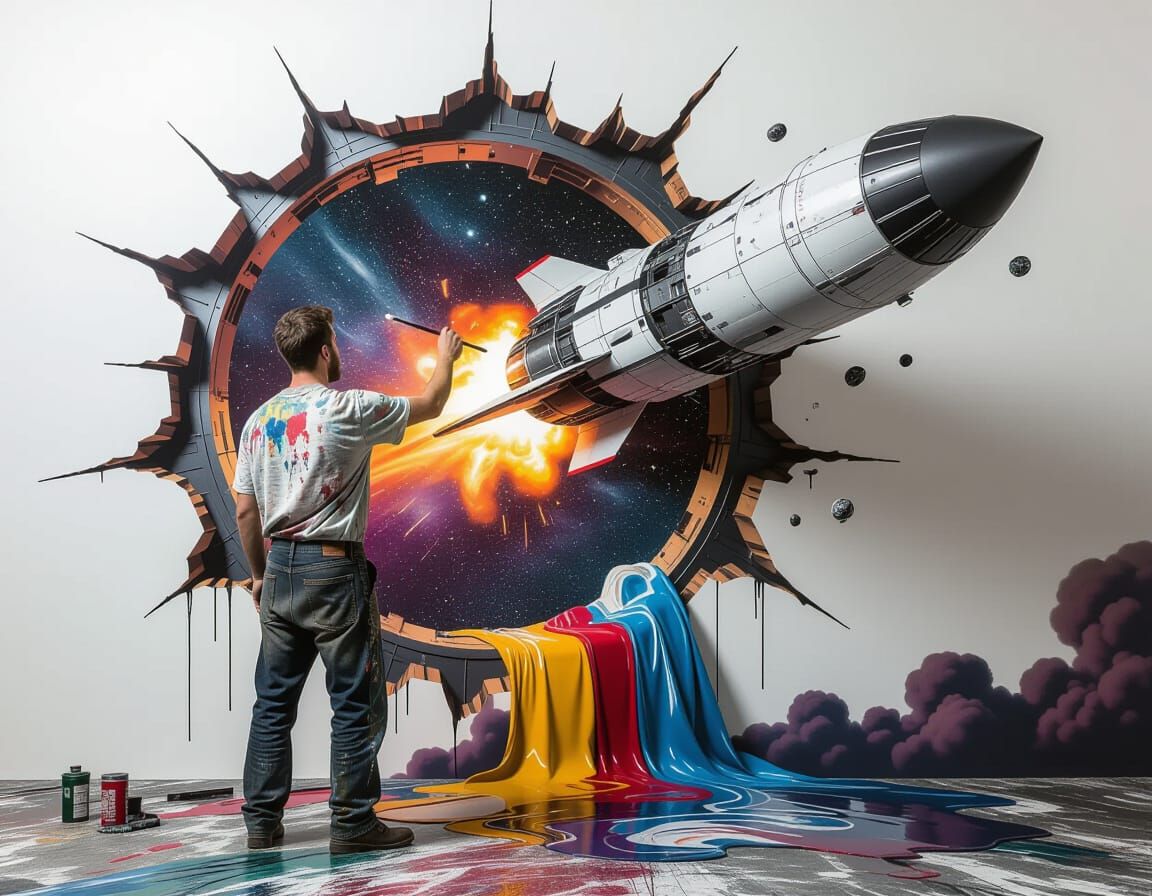 racket ship bursting out of a portal in a painting hanging on the wall. 