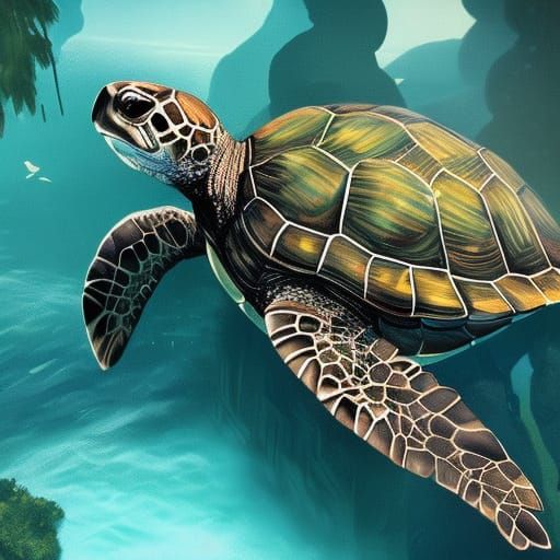 birds eye view of a turtle swimming in rubish - AI Generated Artwork ...