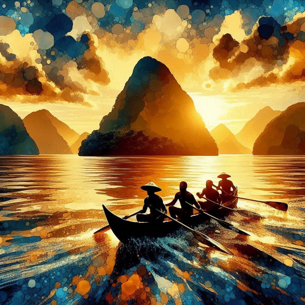 Kanak fishermen at setting sun - 5