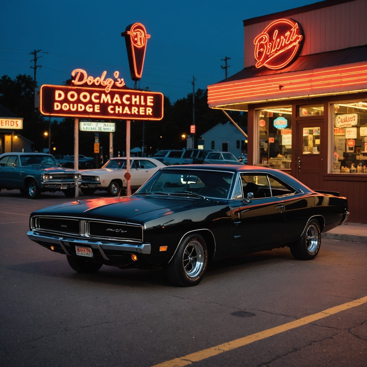 A gleaming 1969 Dodge Charger R/T, midnight black with subtle silver racing stripes, parked under a vintage ...  by @Glen_Hoban