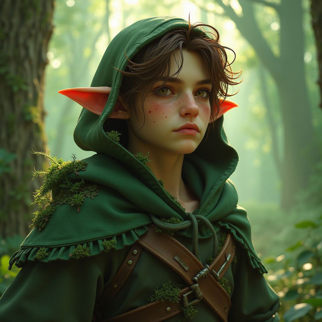 A male 2.5-foot-tall forest gnome with a slender, agile build. Their skin is light green with tan and mossy undertones, dotted with freckles...