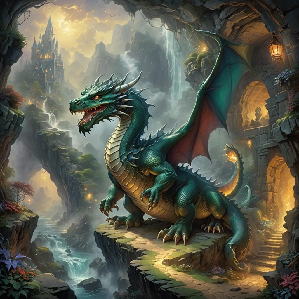 An dragon capable of creating earthquakes laying in a cave