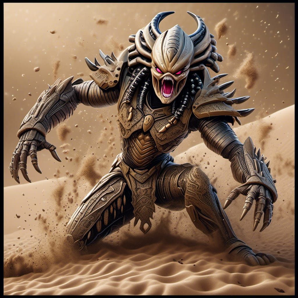 <lora:Predator:1.0>  a sand elemental creature dissolving into a swirl of sand, hyprealistic fantasy image 64 megapixels hyperdetailed higly...