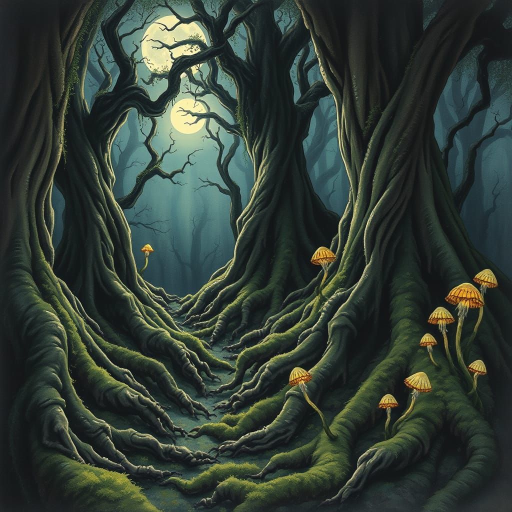 An ancient, moss-covered forest floor, where the roots of trees twist into the shape of skeletal hands. Moonlight filters through the dense ...