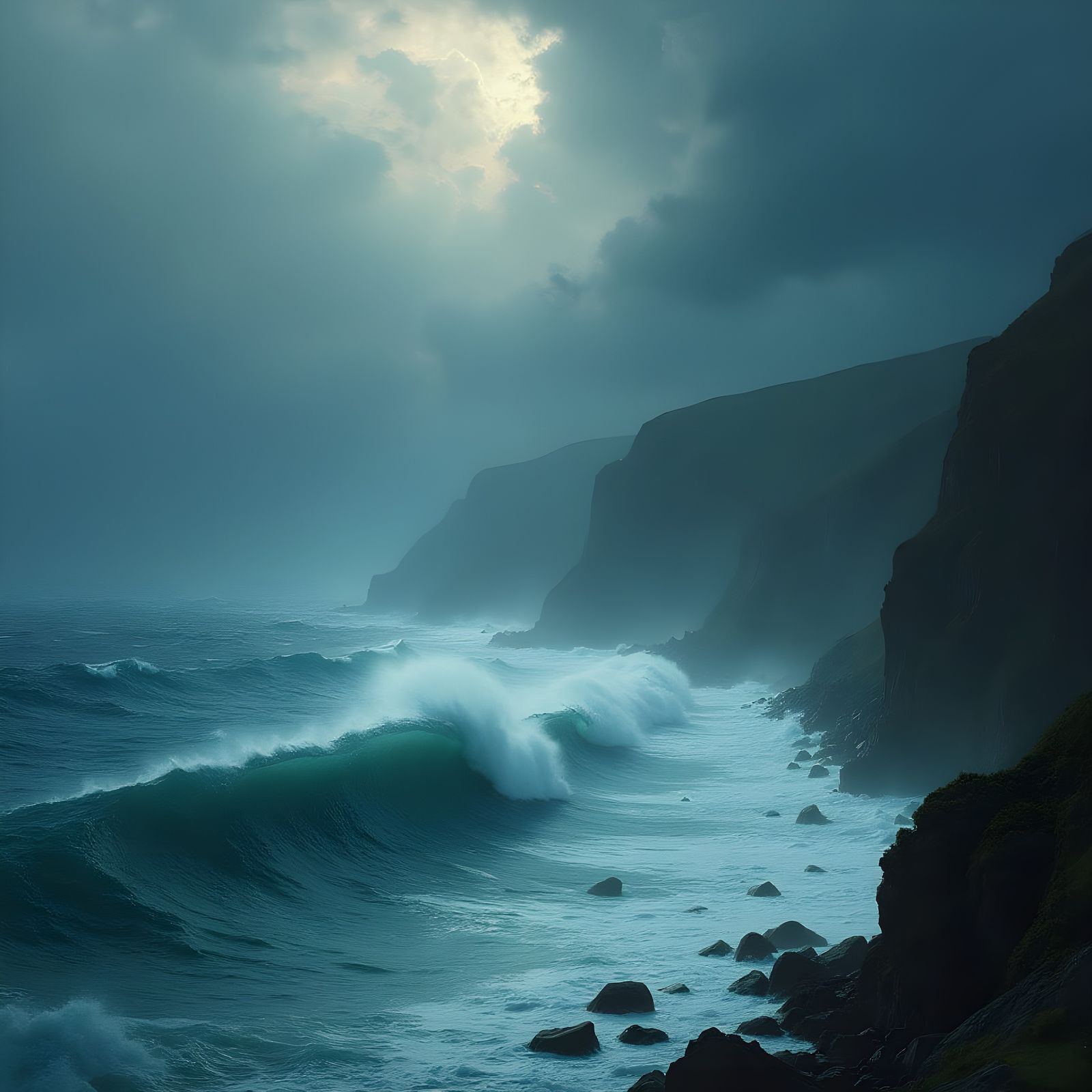 Stormy Sea with Huge Waves and Green Coast